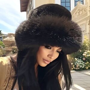 Fabulous Faux Fur Big Fluffy Warm Wide Brim Black Hat Winter Cozy Classic NWT